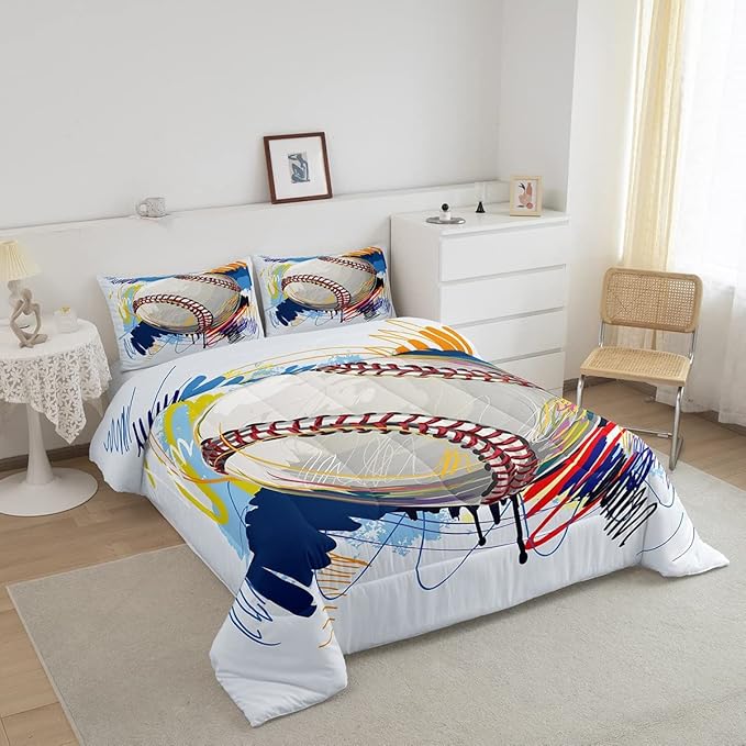Erosebridal Baseball Comforter Set for Boys Kids Queen Grunge Graffiti Baseball Bedding Set Sports Theme Bed Comforter Sets Watercolor Hippie Tie Dye Quilt Duvet 2 Pillow Cases Hand Drawn Navy