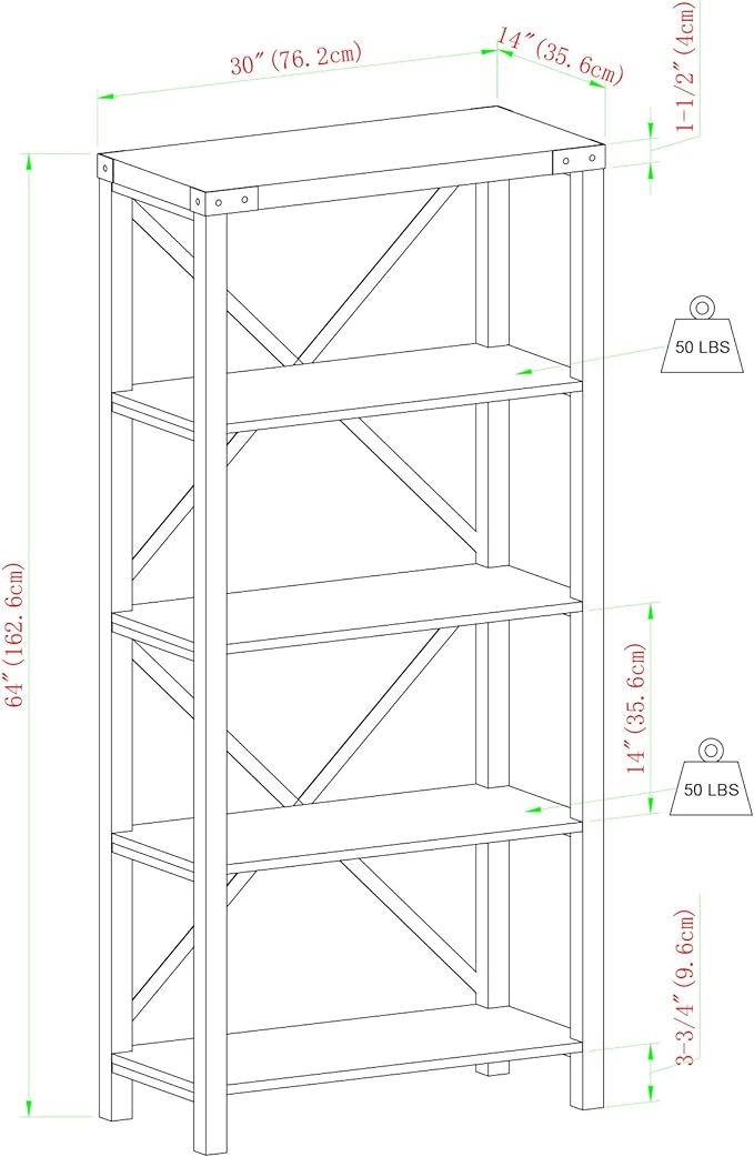 Walker Edison Andersen Urban Industrial Metal X Back 4 tier Bookshelf, 64 Inch, Grey Wash