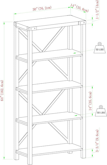 Walker Edison Andersen Urban Industrial Metal X Back 4 tier Bookshelf, 64 Inch, Grey Wash