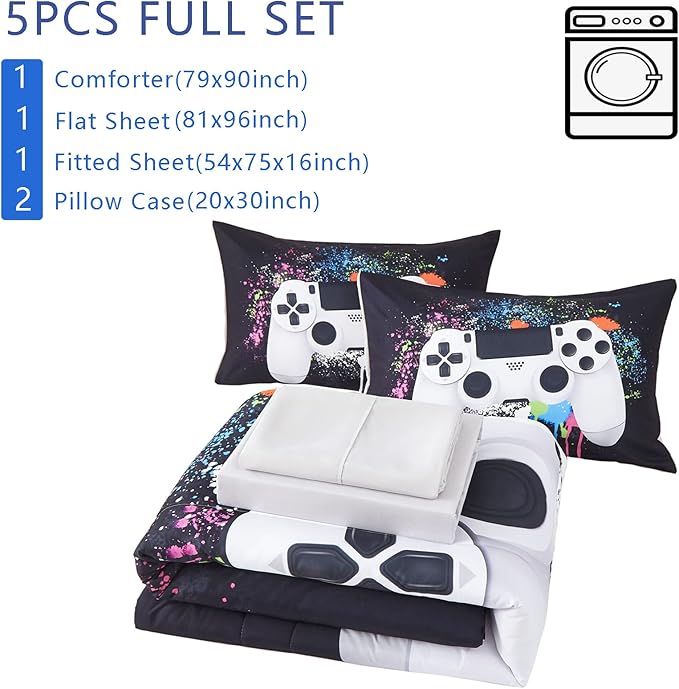 KAKKI 5 Piece Boys Full Gamer Comforter Set with Sheets, 3D Colorful Video Game Controller Comforter for Kids Teen, All Season Soft Microfiber Gaming Bedding Set(White,Full)