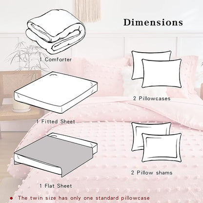 7 Pieces Tufted Dots Bed in a Bag Queen Comforter Set Girls Pink , Soft and Embroidery Shabby Chic Boho Comforters, Luxury Solid Color with Pom Pom Design, Jacquard Tufts Bedding Set for All Season