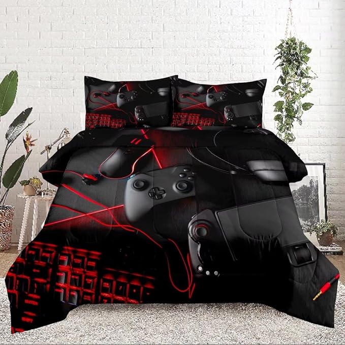 Gaming Comforter for Boys Teens,Game Bedding Sets Queen,Kids Gamer Comforter Set,Video Game Bedroom Decor,Gamepad Controller Duvet Insert All Season 3 Piece 1 Comforter and 2 Pillowcases