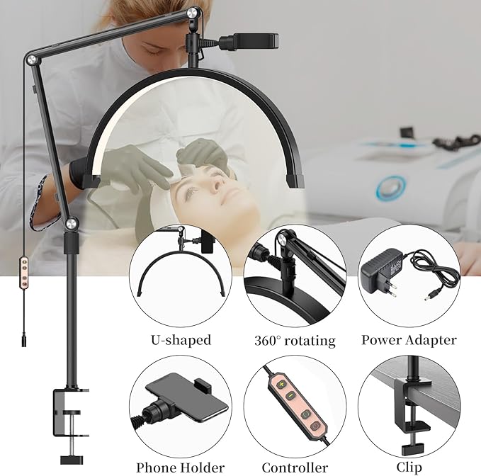 Professional LED Lash Light for Eyelash Extensions, Clip on Lash Lamp for Makeup, Nail, Skincare and Tattoo with Phone Holder - Adjustable Brightness and Color Temperature 3000K-6000K