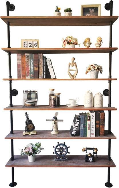 6 Tier Industrial Ladder Pipe Shelf, Wall Mounted Wood Metal Bookshelf for Living Room Storage (Weathered Brown, 10" D x 48" W x 82.5" H)