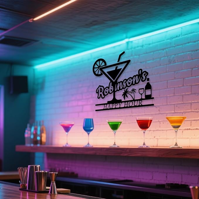 Happy Hour Metal Bar Sign - Personalized Wine Wall Art, Rustic Home Bar Decor, Custom Cocktail & Wine Themed Metal Signs for Indoor/Outdoor - MADE IN USA