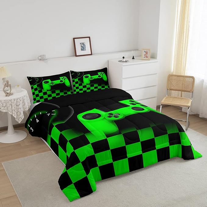 Erosebridal Gaming Comforter for Teen Boys Kids Girls,Gamepad Duvet Insert for Gamer Home Decor,Black Green Teens Gamer Bedding Set King,Buffalo Check Plaid Down Comforter Set with 2 Pillowcases
