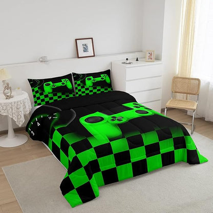 Erosebridal Gaming Comforter for Teen Boys Kids Girls,Gamepad Duvet Insert for Gamer Home Decor,Black Green Teens Gamer Bedding Set King,Buffalo Check Plaid Down Comforter Set with 2 Pillowcases