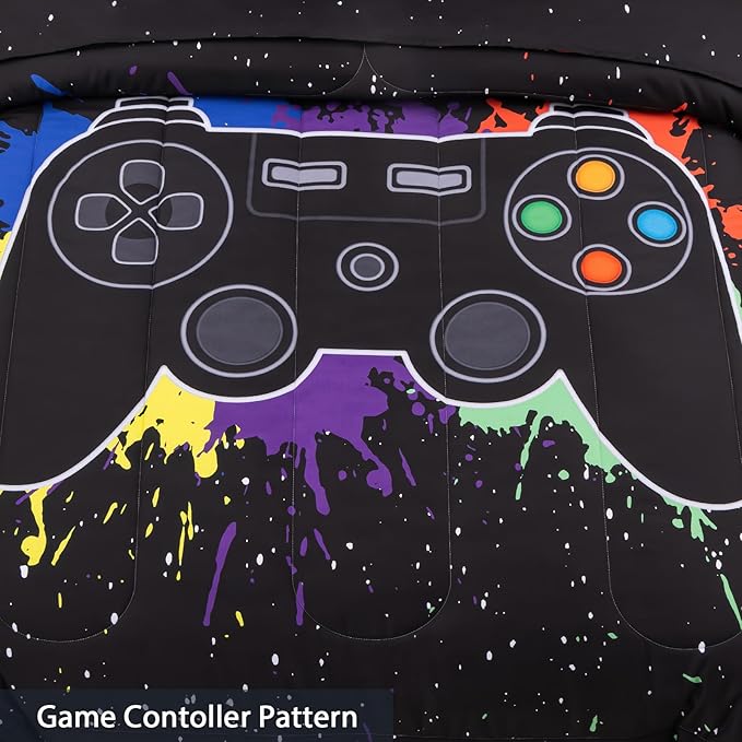 8Pcs Gamer Comforter Set with Sheets for Boys Girls Kids Teens, Colorful Graffiti Gaming Themed Bed in A Bag Full Size, Black 3D Video Game Controller Bedroom Decor Bedding Set-Black