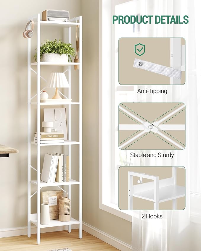 Bookshelf, Book Shelf, Industrial Bookcase with 2 Hooks, Coner Shelf Storage Organizer for Home Office, Living Room, Bedroom, Kitchen, 6-Tier White BC10713W