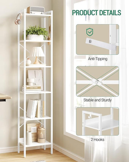 Bookshelf, Book Shelf, Industrial Bookcase with 2 Hooks, Coner Shelf Storage Organizer for Home Office, Living Room, Bedroom, Kitchen, 6-Tier White BC10713W