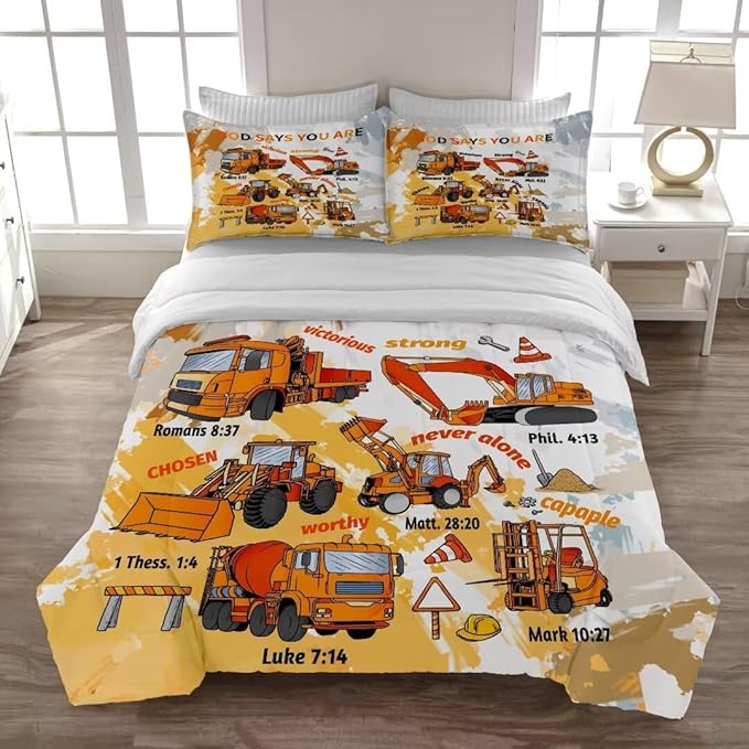 Kids Construction Vehicles Truck Comforter for Boys Full,Cartoon Car Excavator Tractor Bedding Set,Construction Christian Spirational Quotes Comforter with 2 Pillowcases Yellow