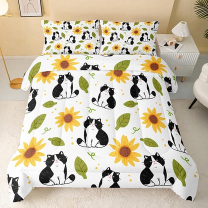 Kawaii Cat Comforter Queen Size,Sunflower Cat Comforter Set for Kids Teens Girls Boys,3Pcs Bedding Set Printed Comforter with 2 Pillowcases,Down Alternative,Soft and Lightweight，Queen Size