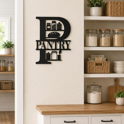 Pantry Metal Wall Decor, Farmhouse Kitchen Pantry Sign, 14 Inch | 14-inch matte black metal pantry sign with pre-drilled holes for farmhouse, rustic, modern, or industrial kitchen decor.
