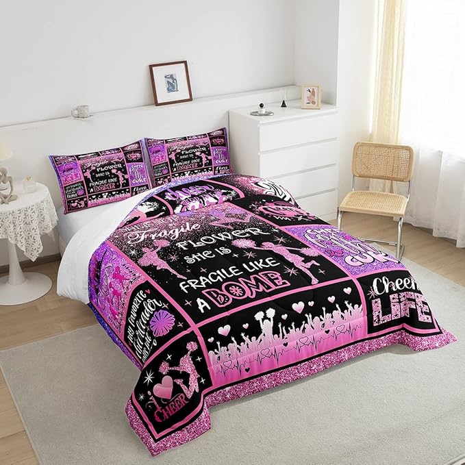 Cheerleading Comforter Set Cheer Gifts,Cheerleader Loves Bedding Set for Kids Girls Teens Adult,Cheer Pink (no real) Sequins Quilt Set Full Geometric Plaid Patchwork Duvet Insert with 2 Pillowcases