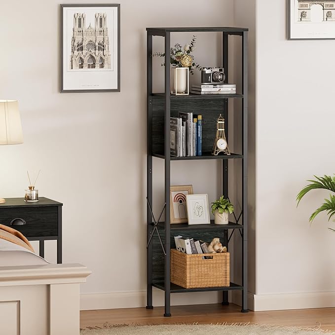 Furologee 5 Tier Tall Bookshelf with Back, Industrial Narrow Bookcase, Display Standing Shelf Units, Metal and Wood Storage Corner Shelves Organizer for Bedroom, Living Room, Entryway, Kitchen, Black