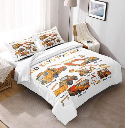 Kids Construction Vehicles Truck Comforter for Boys Queen,Cartoon Car Excavator Tractor Bedding Set,Construction Christian Spirational Quotes Comforter with 2 Pillowcases White