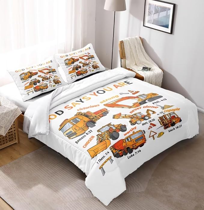 Kids Construction Vehicles Truck Comforter for Boys Twin,Cartoon Car Excavator Tractor Bedding Set,Construction Christian Spirational Quotes Comforter with 2 Pillowcases White