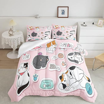 CVHOUSE Cat Bedding,Cartoon Cat Comforter Queen,Animals Print Comforter Set for Kids,Kawaii Quilt Set with 1 Comforter and 2 Pillow Cases