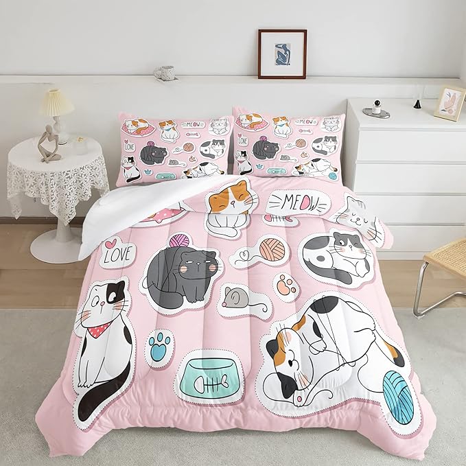 CVHOUSE Cat Bedding,Cartoon Cat Comforter Twin,Animals Print Comforter Set for Kids,Kawaii Quilt Set with 1 Comforter and 2 Pillow Cases