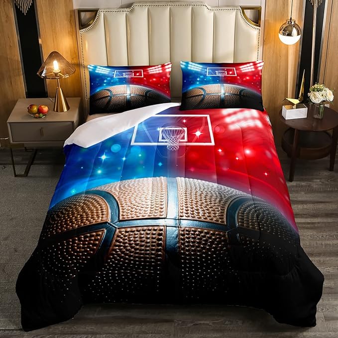 Erosebridal Basketball Comforter Set Full for Kids Boys Teens Men,Sport Basketball Bedding Set Ball Games Down Comforter Red Blue Basketball Court Quilt Duvet Set Sports Room Decor 2 Pillow Cases