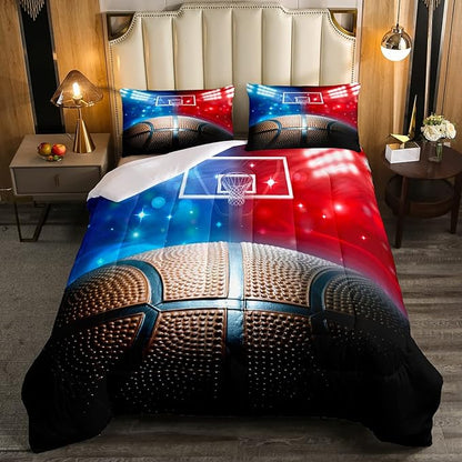 Erosebridal Basketball Comforter Set Twin for Kids Boys Teens Men,Sport Basketball Bedding Set Ball Games Down Comforter Red Blue Basketball Court Quilt Duvet Set Sports Room Decor 1 Pillow Case