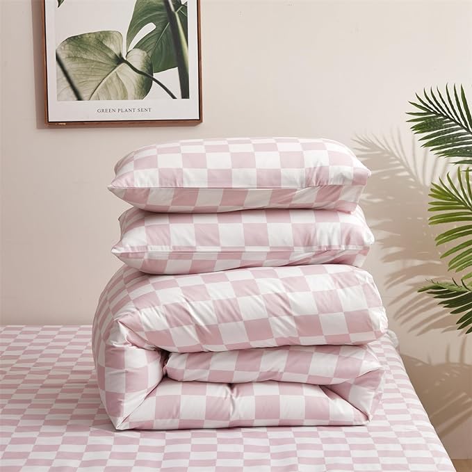 Pink White Grid Comforter Set Cal King Pink Plaid Bedding Set Women Pink and White Checkered Bed Comforter Set Breathable Blanket Set Men Durable Bedding Comforter Set