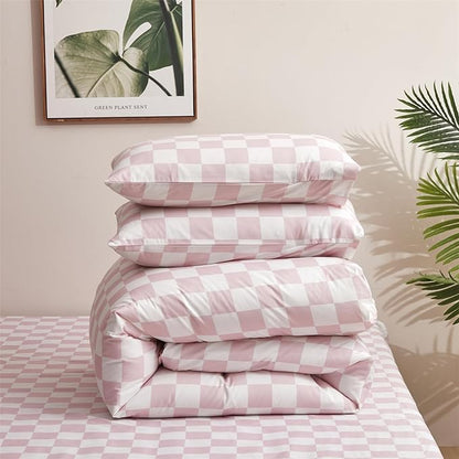 Pink Grid Comforter Full Pink Plaid Bedding Set Girls Pink White Checkered Bed Comforter Set Breathable Blanket Set Kids Durable Bedding Comforter Set