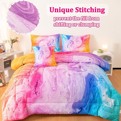 Girls Full Bedding Sets, 6 Pcs Pink Full Szie Comforter Set with Sheets, Watercolor Marble Abstract Art Superior Bedding Set for Girls Kids