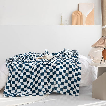 LOMAO Throw Blankets Flannel Blanket with Checkerboard Grid Pattern Soft Throw Blanket for Couch, Bed, Sofa Luxurious Warm and Cozy for All Seasons (Navy, 50"x60")