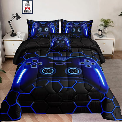 6 Pieces Bed in a Bag for Boys Bedding Sets Queen Size,Gamer Comforter Sets for Boys Kids, Gaming Comforter Set for Boys Room Decor with Flat Sheet,Fitted Sheet,Pillowcase,Cushion Cover