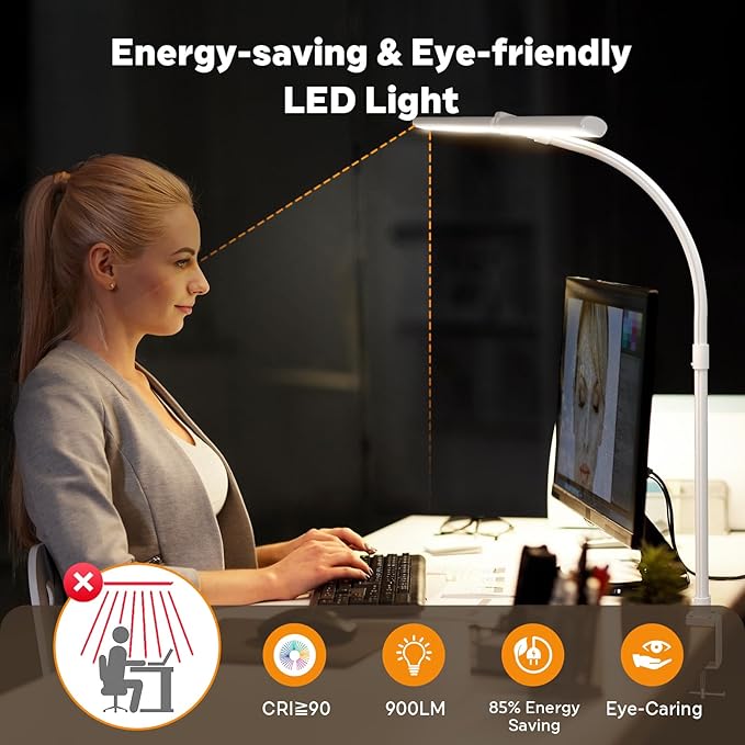 LED Desk Lamp for Home Office, Remote Control LED Desk Light with Color Changing Dimmable Computer lamp with Flexible Gooseneck, 24W, Double Head, White