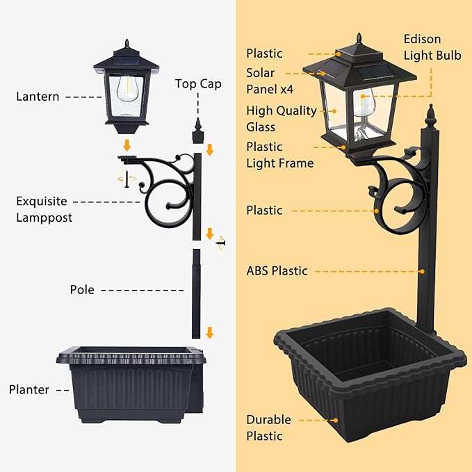 PASAMIC 2 in 1 Outdoor Flower Pots for Real or Fake Flowers, Solar Lamp Post Lights - Wall Mount or Freestanding, Waterproof Decorative Lamp for Lawn, Patio, Front/Back Door