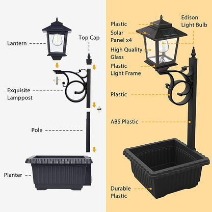 PASAMIC 2 in 1 Outdoor Flower Pots for Real or Fake Flowers, Solar Lamp Post Lights - Wall Mount or Freestanding, Waterproof Decorative Lamp for Lawn, Patio, Front/Back Door