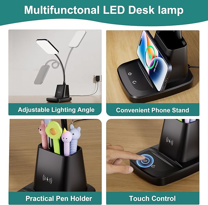 Cotanic LED Desk Lamps for Home Office with Wireless Charger, Stepless Dimmable, 3 Color Modes, Black Study Lamp for College Dorm Room, Touch Control, Pen Holder, CRI 90, 800 Lumen, Adapter Included