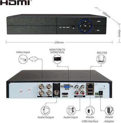 Eversecu 4 Channel Security Camera System 1080P DVR and (4) 1.0MP 720P Weatherproof Cameras Support Night Vison Weatherproof, Motion Alert, Smartphone, PC Easy Remote Access (NO HDD Included)