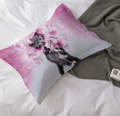 Cat Comforter Twin, Cat Bedding Set Twin Size for Kids, Cat Comforter Set for Girls and Boys, Pink Feathers Black Cat 3Pcs(1Summer Comforter+ 2 Pillowcases) Lovely Animal Pets Duvet Set