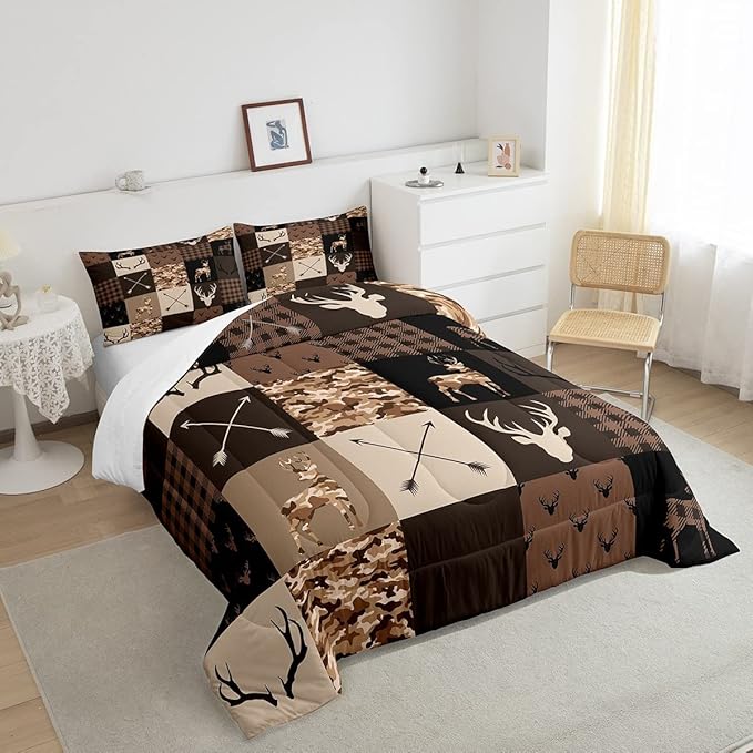 Antler Silhouette Kids Comforter Set Queen Size,Camo Brown Rustic Bedding Set,Girls Boys Adults Home/Xmas Cottage Decor,Stylish Plaid Grids Down Comforter,Arrows Boho Duvet Insert,3pcs,2 Pillowcases
