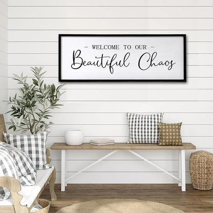 Welcome To Our Beautiful Chaos Sign Wall Decor Framed Wood 32X12 Inch For Rustic Home Living Room Entryway Bedroom Hanging Art (Wood)