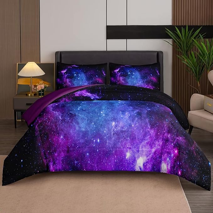 NINENINE Galaxy Comforter Sets Space Bedding 5PCS Queen Size Comforter Sets for Girls Purple Bedding Set(1Comforter, 1Flat Sheet, 1Fitted Sheet, 2Pillowcases)…