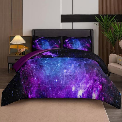 NINENINE Galaxy Comforter Sets Space Bedding 5PCS Queen Size Comforter Sets for Girls Purple Bedding Set(1Comforter, 1Flat Sheet, 1Fitted Sheet, 2Pillowcases)…