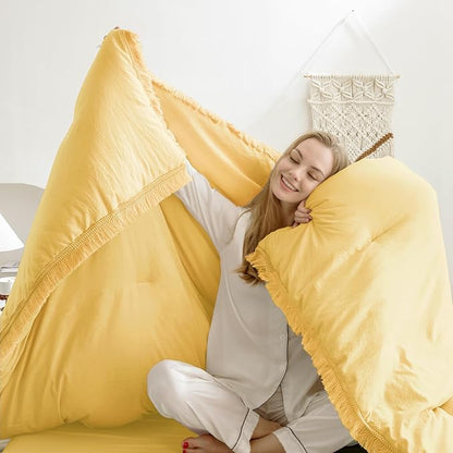 Andency Yellow Tassel Comforter Set Twin(68x90Inch), 2 Pieces(1 boho Comforter, 1 Pillowcase) Farmhouse Shabby Chic Comforter Set, Soft Microfiber Lightweight Fringe Bedding Comforter Set