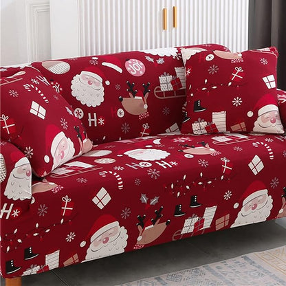 Mybedsoul Christmas Sofa Cover Santa Claus Printed Sofa Couch Cover Washable Furniture Protector with Elastic Bottom Xmas Home Room Festival Decoration(3 Seater)