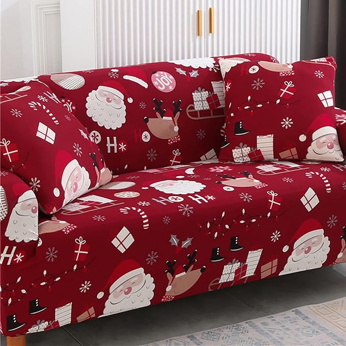 Mybedsoul Christmas Sofa Cover Santa Claus Printed Sofa Couch Cover Washable Furniture Protector with Elastic Bottom Xmas Home Room Festival Decoration(2 Seater/Loveseat)