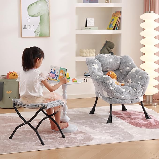 Welnow Toddler Kids Lazy Chair with Ottoman, Glow in The Dark Accent Comfy Lounge Children Armchair Couch with Removable Cover, Detachable Reading Chair with Footrest for Boy or Girl, Grey Star