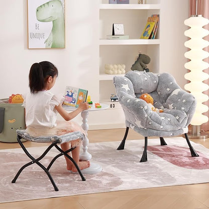 Welnow Toddler Kids Lazy Chair with Ottoman, Glow in The Dark Accent Comfy Lounge Children Armchair Couch with Removable Cover, Detachable Reading Chair with Footrest for Boy or Girl, Grey Star