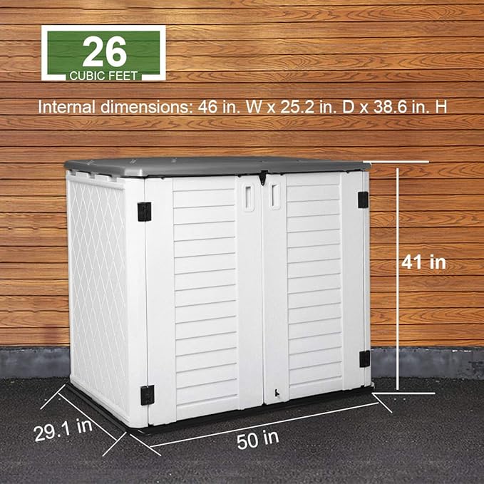 Horizontal Outdoor Garden Storage Shed for Backyards and Patios, Plastic Storage Box Waterproof, Small Shed 26 Cubic Feet Capacity for Bike, Garbage Cans, Lawn Mower, Tools and Garden Accessories