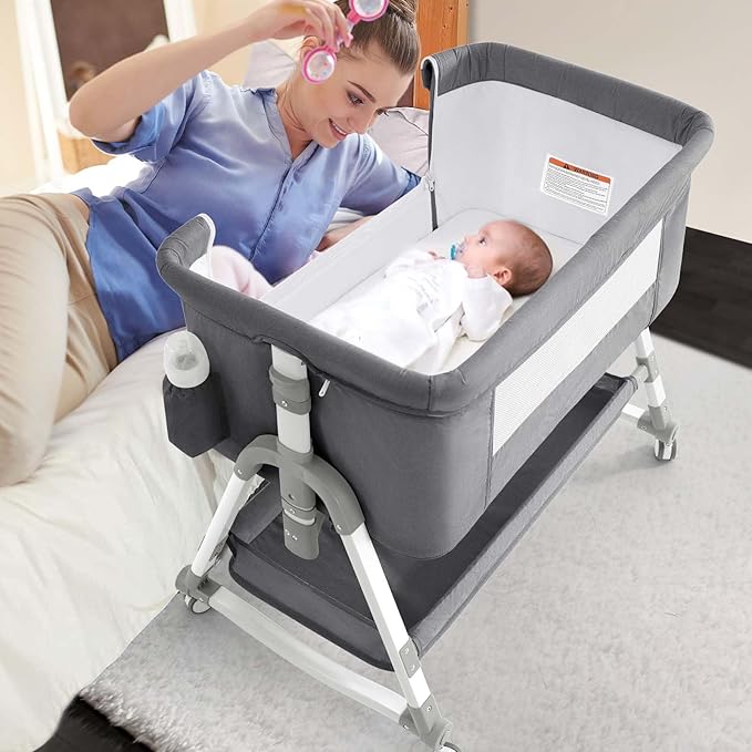 4 in 1 Baby Bassinet, Rocking Bassinets Bedside Sleeper with Comfy Mattress and Wheels, Height Adjustable Easy Folding Portable Bedside Crib for Newborn Infant,Dark Gray