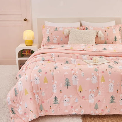 Pink Bunny Kids Comforter Set for Girls Twin, Cute Reversible Quilted Printed Woodland Bedding Set with Pillow Sham, Lightweight Soft Breathable Machine Washable Bed Set 2 Piece