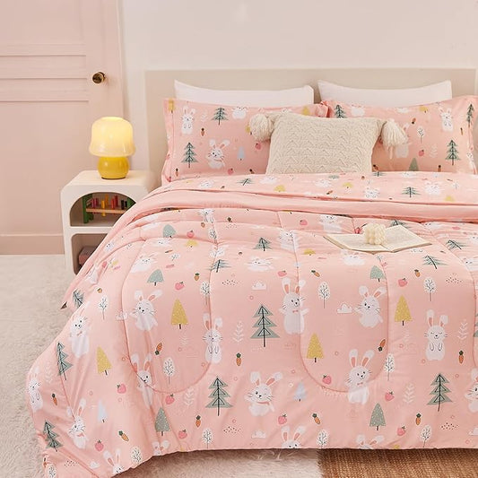 Pink Bunny Kids Comforter Set for Girls Full Size, Cute Reversible Quilted Printed Woodland Bedding Set with Pillow Sham, Lightweight Soft Breathable Machine Washable Bed Set 3 Piece