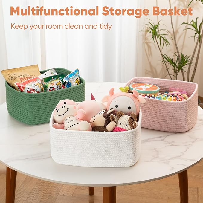 OIAHOMY 4 Pack 14.17*11.02*6.3IN Storage Baskets for Organizing Shelves, Woven Rope Baskets for Organizing Books, Clothes, Decorative Basket for Living Room, Nursery, Bedroom, Gift Basket, White